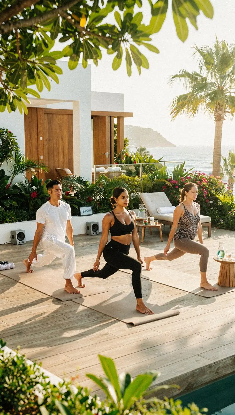 Un grupo de practicantes de yoga en una clase, concentrados en ejercicios para el núcleo y la estabilidad.