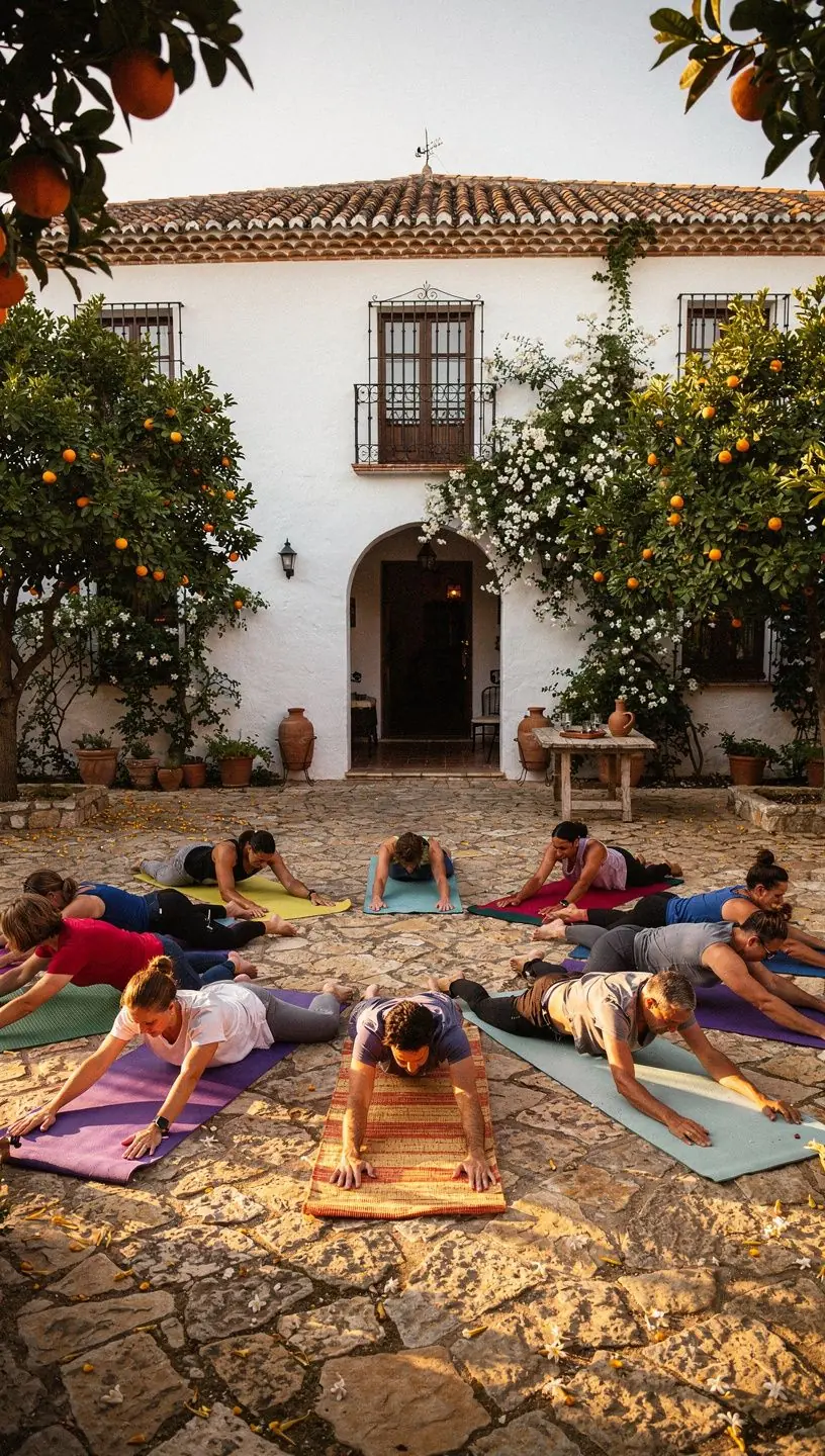 Un grupo de practicantes de yoga en una clase, concentrados en ejercicios para el núcleo y la estabilidad.